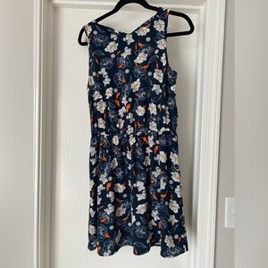 Navy Floral Sleeveless Midi Dress with Orange Accents